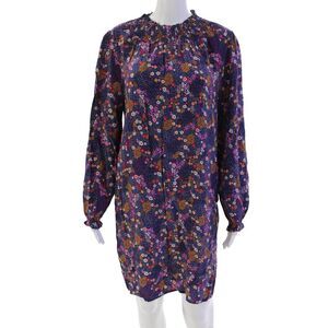 Caballero Womens Long Sleeve Smocked Crew Neck Floral Mini Dress Blue Size Small
